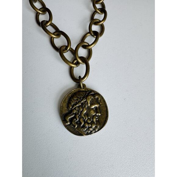 French Kande Brassy Metal Chain Good Luck French JEUMONT Gods Coin Pendant 16" - Picture 3 of 10